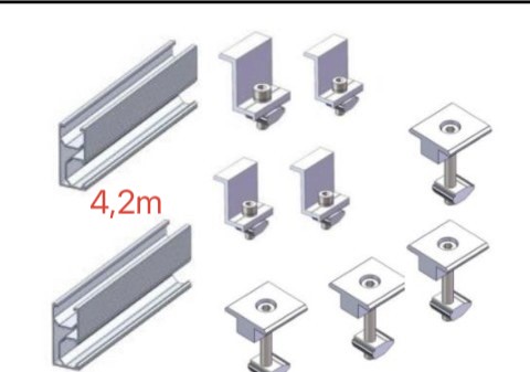 Suport fixare panouri fotovoltaice compus din 2 sine + 4 cleme de mijloc 35 mm+ 4 cleme de capat 35 mm