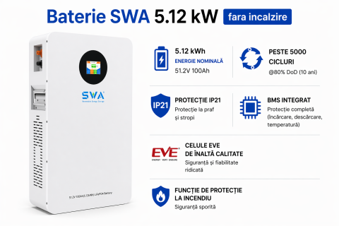 Baterie SWA LiFePo4 5.12KW, IP21, celule EVE, 100AH, aerosol antiincendiu 51.2V