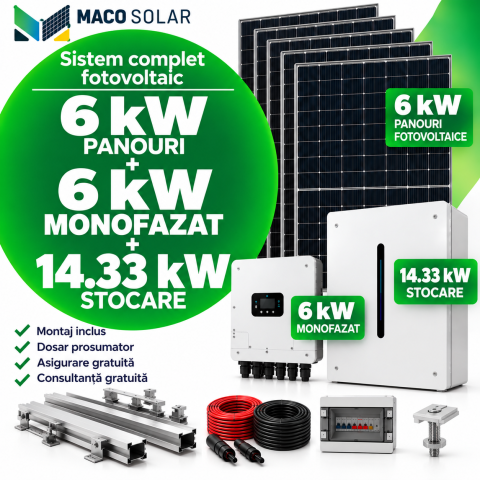 Sistem complet fotovoltaic 6kw panouri+ 6kw monofazat +14.33 kw stocare