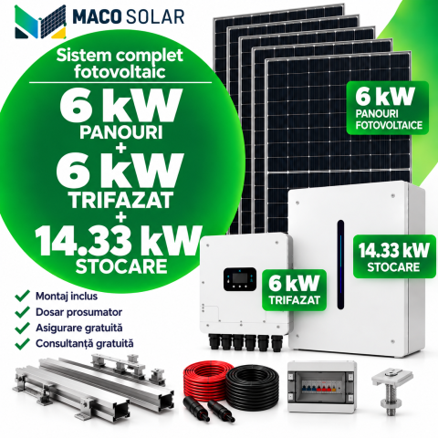 Sistem complet fotovoltaic 6 kw panouri + 6 kw trifazat + 14.33 kw stocare