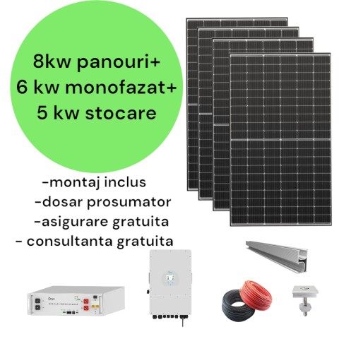 Sistem complet fotovoltaic 8 kw panouri+ 6 kw monofazat + 5 kw stocare