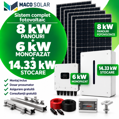 Sistem complet fotovoltaic 8 kw panouri+ 6 kw monofazat + 14.33 kw stocare