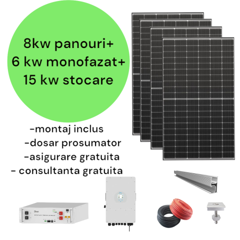 Sistem complet fotovoltaic 8 kw panouri+ 6 kw monofazat + 14.33 kw stocare