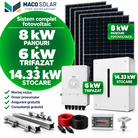Sistem complet fotovoltaic 8 kw panouri+ 6 kw trifazat + 14.33 kw stocare