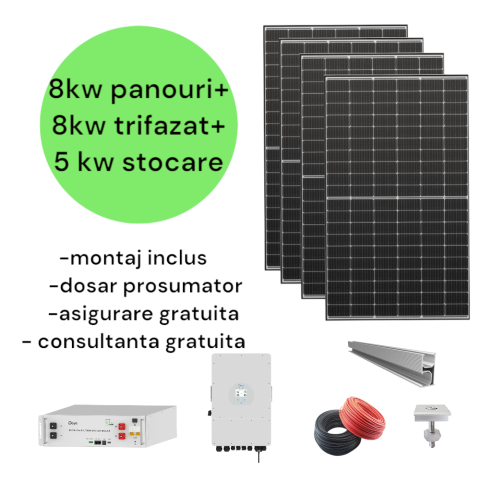 Sistem complet fotovoltaic 8 kw panouri+ 8 kw trifazat + 5 kw stocare
