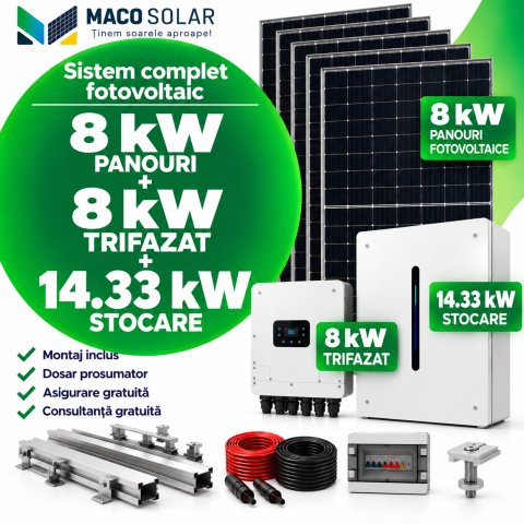 Sistem complet fotovoltaic 8 kw panouri+ 8 kw trifazat + 14.33 kw stocare