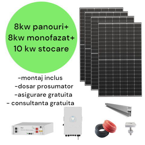 Sistem complet fotovoltaic 8 kw panouri+ 8 kw monofazat + 10 kw stocare