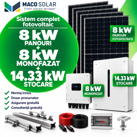 Sistem complet fotovoltaic 8 kw panouri+ 8 kw monofazat + 14.33 kw stocare