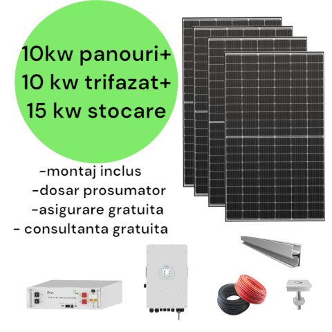 Sistem complet fotovoltaic 10 kw panouri+ 10 kw trifazat + 14.33 kw stocare