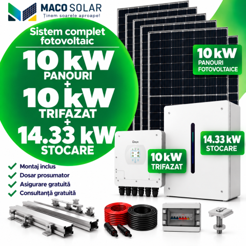 Sistem complet fotovoltaic 10 kw panouri+ 10 kw trifazat + 14.33 kw stocare