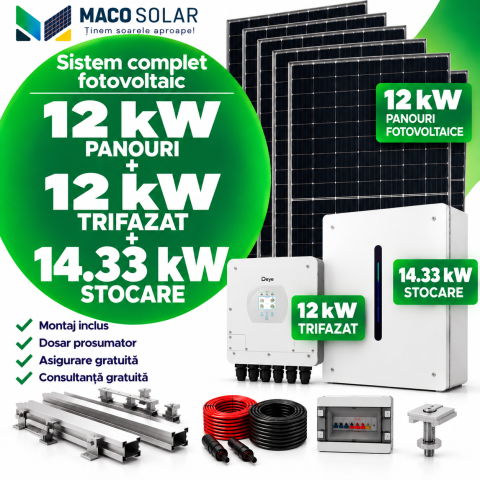Sistem complet fotovoltaic 12 kw panouri+ 12 kw trifazat + 14.33 kw stocare