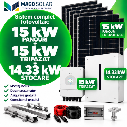 Sistem complet fotovoltaic 15 kw panouri+ 15 kw trifazat +14.33 kw stocare
