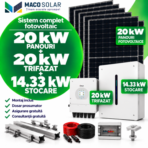 Sistem complet fotovoltaic 20 kw panouri+ 20 kw trifazat +14.33 kw stocare