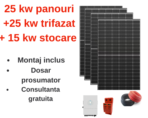 Sistem complet fotovoltaic 25 kw panouri+ 25 kw trifazat + 15 kw stocare