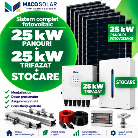Sistem complet fotovoltaic 25 kw panouri+ 25 kw trifazat + stocare