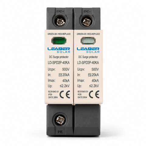 Descarcator DC 500 V la supratensiune cu semnalizare pentru sisteme fotovoltaice LD-SPD-2P-40kA-500VDC