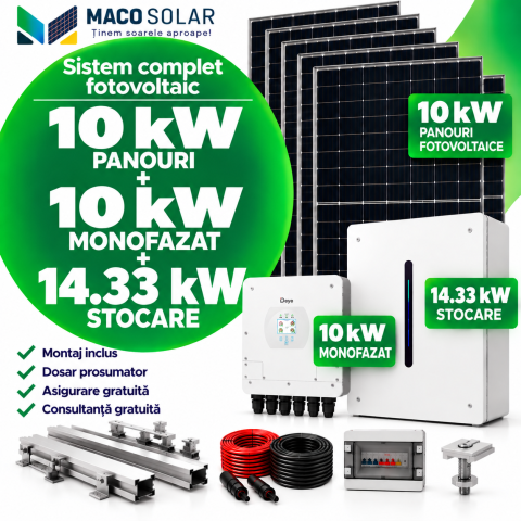 Sistem complet fotovoltaic 10 kw panouri+ 10 kw monofazat + 14,33 kw stocare