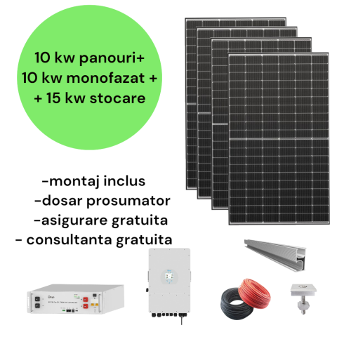 Sistem complet fotovoltaic 10 kw panouri+ 10 kw monofazat + 14,33 kw stocare