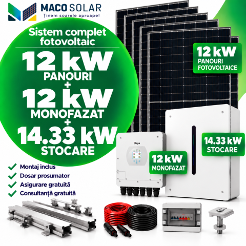 Sistem complet fotovoltaic 12 kw panouri+ 12 kw monofazat + 14,33 kw stocare
