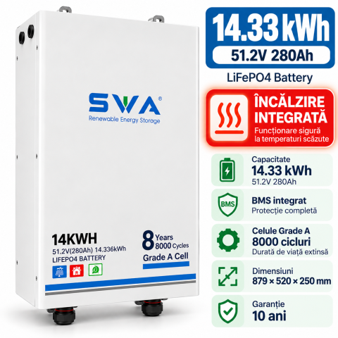 Baterie SWA 14.33KW LifePO4, IP65, celule EVE, 280AH, aerosol antiincendiu , 51.2V-  cu incalzire