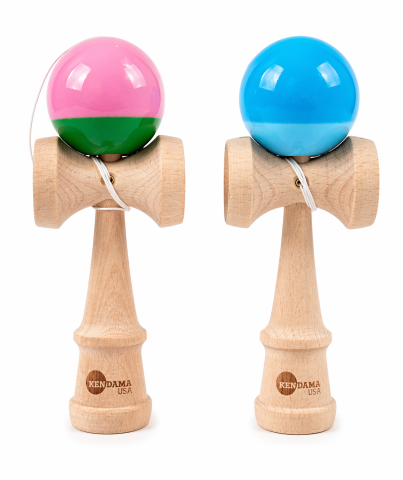 Jucarie Kendama USA  lucioasa, 18 cm, Roz-Verde, Albastru din lemn