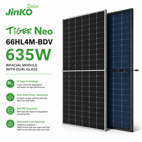 Panou Fotovoltaic Jinko 635W Tiger Neo 635W Bifacial TOPCon N-Type Double Glass - JKM635N-66HL4M-BDV