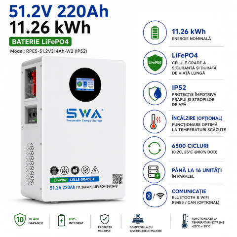 Baterie SWA 11.26 KW LifePO4, IP21, Celule EVE, 220AH, cu incalzire, aerosol antiincendiu, 51.2V - cu incalzire
