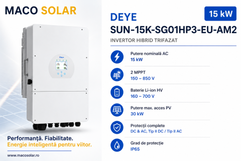 Invertor Deye 15 KW HV Hibrid Trifazat SUN-15K-SG01HP3-EU-AM2, 160–700 V